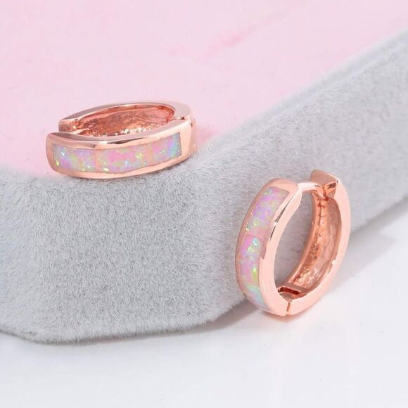14K Rose Gold with Genuine Pink Fire Opal Huggie Hoop Snap Hinge Earrings - Picture 2 of 4